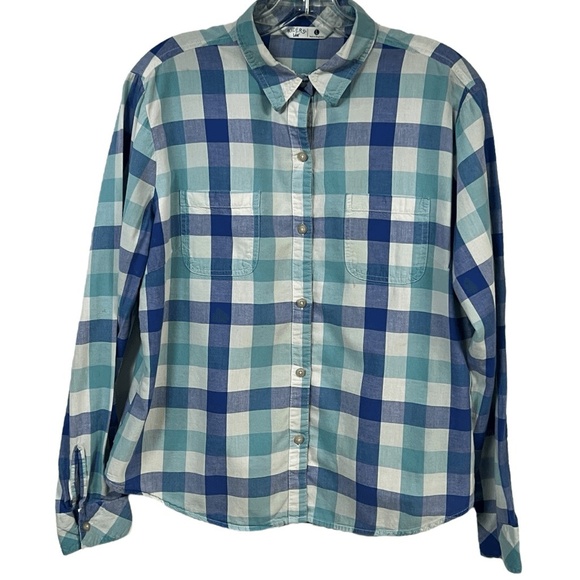 Riders By Lee Shirt L Blue Gingham Check Button Up Collared Patch Pocket Classic - Picture 1 of 7